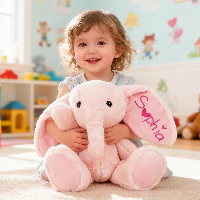 Personalized Elephant Stuffed Animals for Babies, Custom Plush with Embroidered Name, Stuffed Elephant Toys for 3 Years Old Girl Gifts, Birthday Easter for Baby Boys Girls Toddlers Newborn