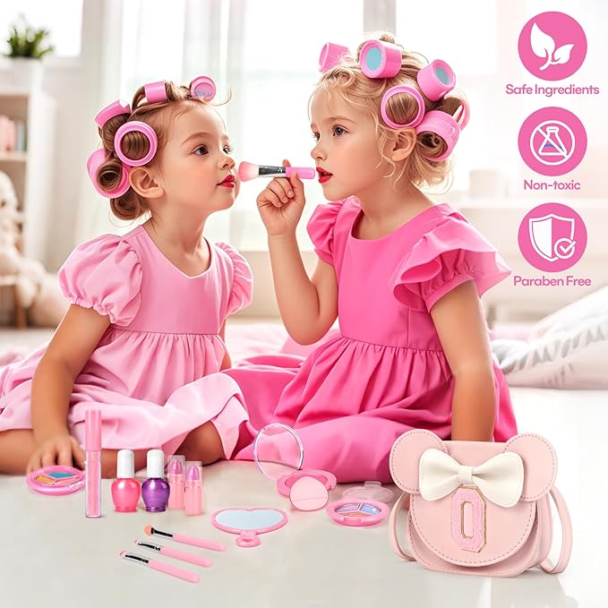 Kids Makeup Kit for Girls - 15 Pcs Real Washable Make Up Set - Non Toxic Toddlers Cosmetic with Letter Mouse Ear Purse - Dress up Birthday Gifts for 3 4 5 6 7 8 Years Old Girls - O