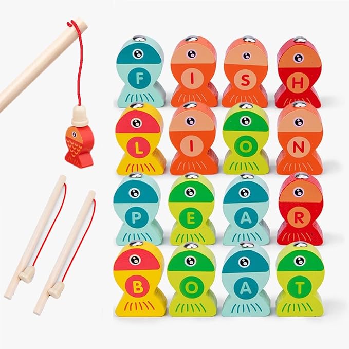 Haktoys Magnetic Wooden Alphabet Fishing Game with Ocean Sticker Book – Montessori ABC Toy with 26 Lettered Fish & 2 Poles – Educational Travel Toy for Toddlers, Boys & Girls Ages 3+