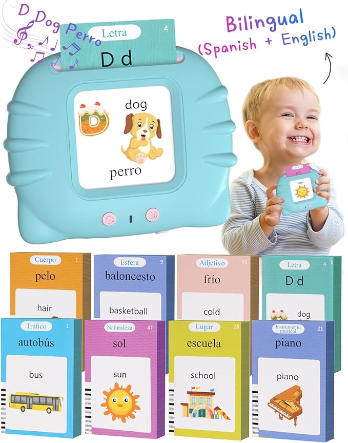 510 Words Spanish English Bilingual Talking Flash Cards for Toddlers 1-3, Pocket Speech Learning Montessori Toys for Kids, Sensory Therapy Preschool Educational Christmas Birthday Gifts for Boys Girls