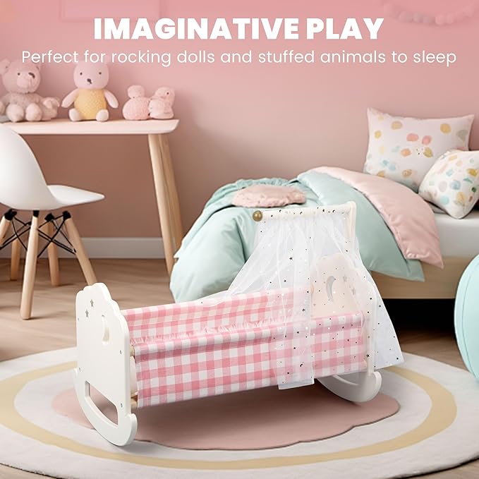 Wooden Baby Doll Crib Set, Baby Doll Bed Toys for 18 Inch Dolls, with Bedding and Canopy, Baby Doll Furniture Accessories