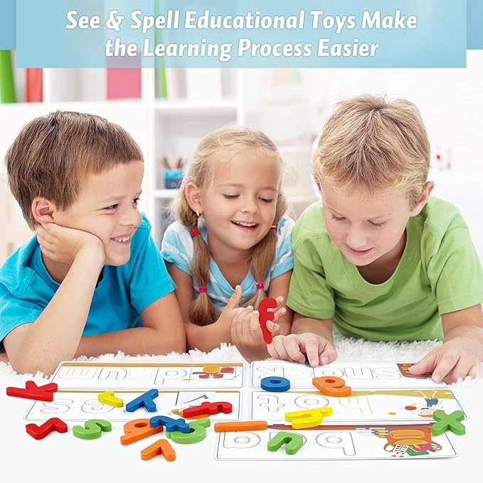 Officygnet Learning Toys for 3 4 5 6 Years Old Boys and Girls, See & Spell CVC Word Builders with Alphabet Cards for Kids Ages 3-5, Matching Letter Game for Preschool Toddler Learning Activities