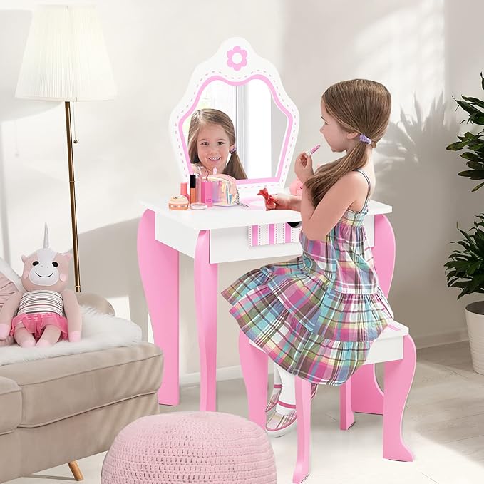HONEY JOY Kids Vanity, Toddler Makeup Table with Mirror and Stool, Wooden Pretend Play Vanity for Little Girls, Detachable Mirror and Storage Drawer, Kids Vanity Table and Chair Set (Pink)