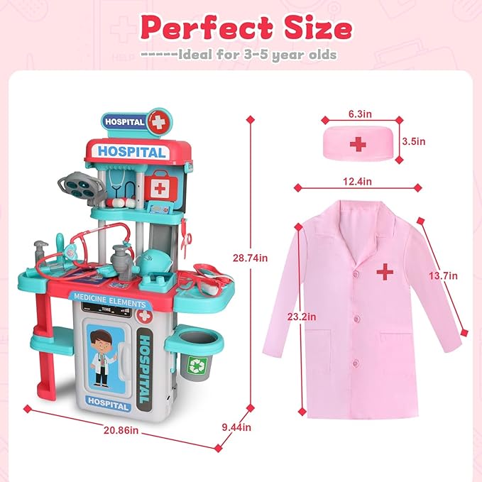 Doctor Kit for Kids 3-5, Toddler Play Set with Rolling Cart, Costume, and Stethoscope, Role Play Kids Doctors Set Educational Birthday Gift for Girls(Pink)