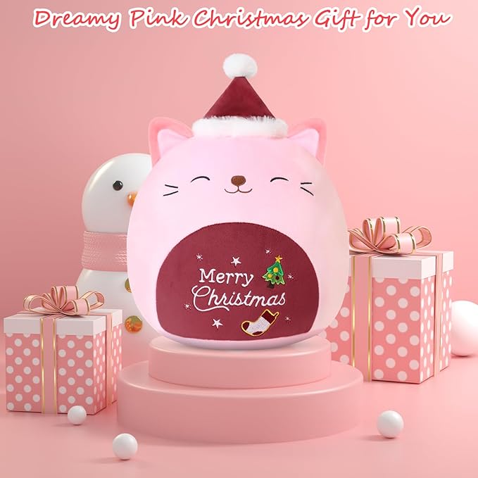 SQEQE Christmas Cat Stuffed Animal Pink Cat Plush Wearing Red Hat Kawaii Stuffed Toys Soft Home Plushie Decoration Gifts for Boys Girls (Red, 10 Inch)