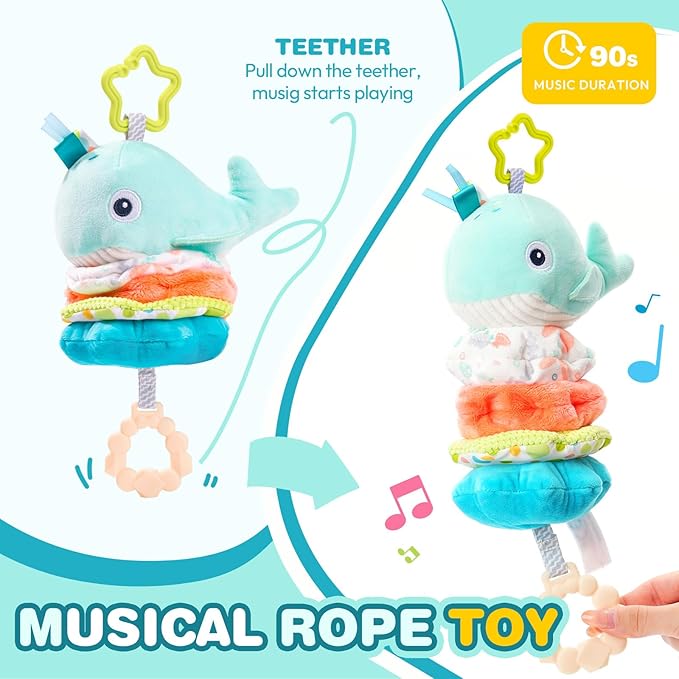 Jollybaby Baby Musical Pull String Hanging Toy for Stroller Car Seat Crib Play Gym, Plush Stuffed Whale Toy for Carseat with Music Teether Crinkle Paper, Sensory Toy for 0-6-12-18 Months Baby Gift