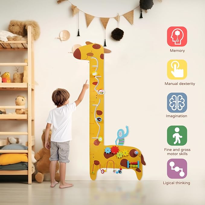Activity Wall Panels for Toddlers,7 Activities Multifunctional Busy Board Wooden Wall Activity Center,Giraffe Height Ruler - Children’s Early Education Sensory Exercises-Kids Room Decor for Play