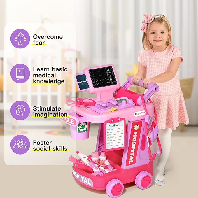 Doctor Kit for Toddlers Aged 3 4 5, Medical Pretend Play Set for Kids with Bag and Costume, Doctor Cart Toy for Girls Boys Christmas Birthday Gift (Pink)