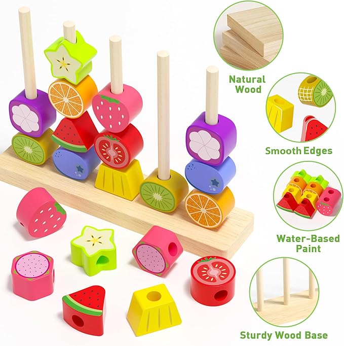 Montessori Toys for 3 4 5 Year Old, Wooden Fruit Toddler Stacking Toys, Stacking Blocks & Lacing Beads & Shape Sorter Toy for Toddler, STEM Preschool Learning Toys for Kids Boys Girls