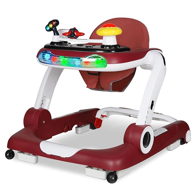 6 in 1 Baby Walker, Baby Activity Center for Toddler, Walker Rocker Bouncer w/Adjustable Height Speed, Learning-Seated & Walk-Behind, Infant Walker w/Feeding Tray & Music Toys, Red