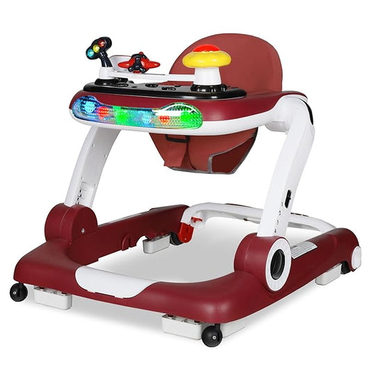 6 in 1 Baby Walker, Baby Activity Center for Toddler, Walker Rocker Bouncer w/Adjustable Height Speed, Learning-Seated & Walk-Behind, Infant Walker w/Feeding Tray & Music Toys, Red