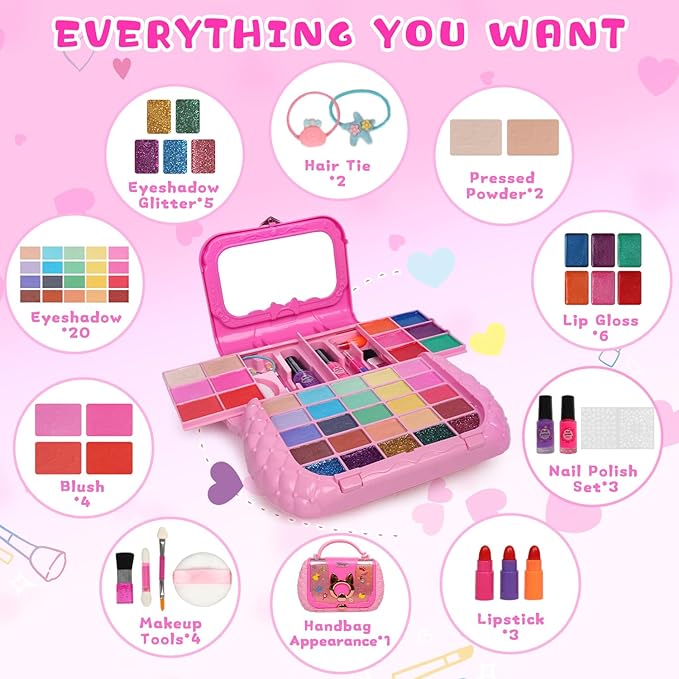 Topsolid Kids Makeup Kit for Girl, Real Washable Makeup for Kid with Mirror, Kids Makeup Sets for Girls 5-8, Princess Toys Cosmetic Set, Christmas & Birthday Gifts Toys for 3 4 5 6 7 8 Year Old Girls