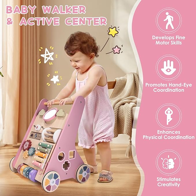 Wooden Baby Walker, Baby Push Walker, Montessori Toddler Walker Toy, Push and Pull Learning Activity Walkers, Baby Walker with Wheels for Boys&Girls 1 Year Old, Christmas Birthday Gifts for Toddler