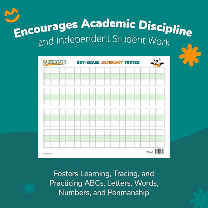 Channie’s Visual Two Sided Large Dry Erase Alphabet & Numbers Poster Board - Size 22” x 17”, Ages 3 and Up, PreK – 2nd Grade - Homeschool Learning Supplies for Summer School Teaching