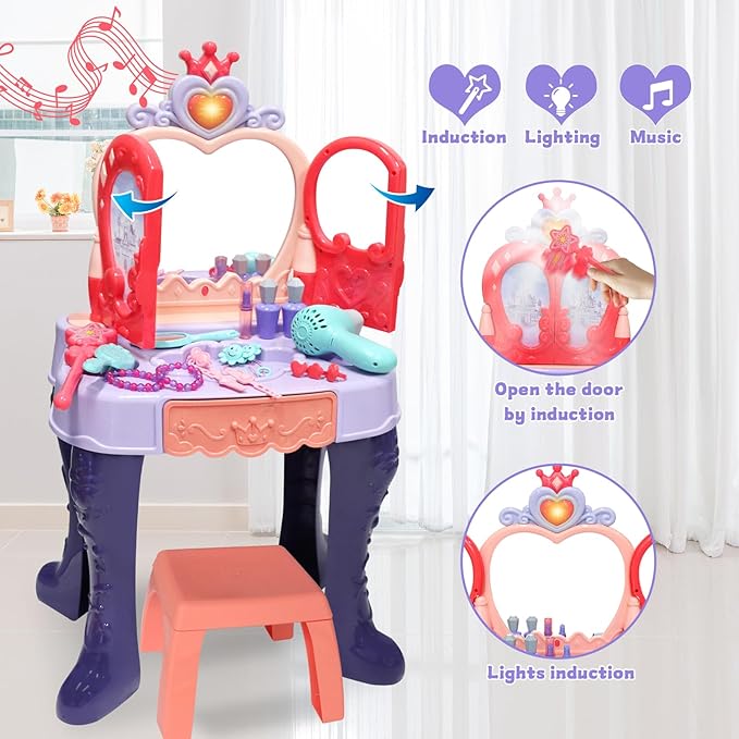 Toddler Vanity Makeup Table with Mirror and Chair, Open Doors by Gestures, Kids Vanity Set with Lights and Music with Makeup Accessories & Hair Dryer, Girls Vanity for Toddlers 3 4 5 Years Old
