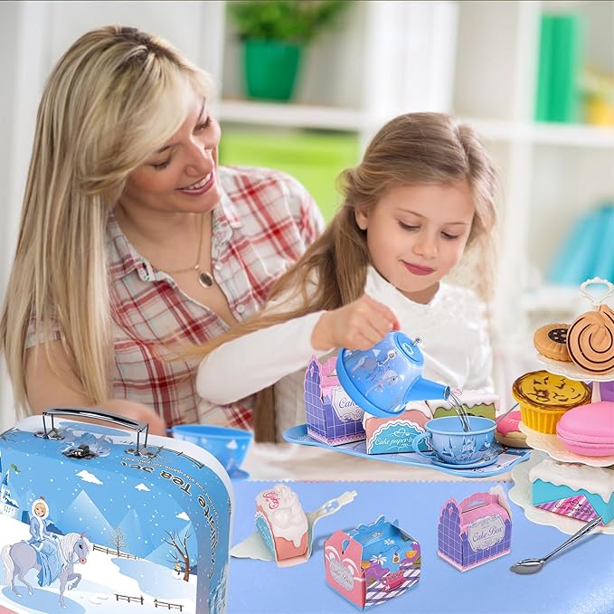 PRE-WORLD Tea Party Set for Little Girls, 46Pcs Princess Tea Time Toy Including Dessert,Cookies,Doughnut,Teapot Tray Cake,Tablecloth,Gloves & Carrying Case,Kitchen Pretend Play for Girls Boys Age 3-6