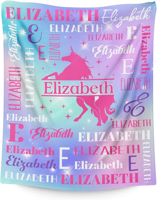 Unicorn Gifts, Personalized Girls Throw Blanket with Name for Kids 4-6, Custom Monogram Blankets for Daughter Niece Toddler, Unicorn Stuff Themed Throws for Cars Travel Camping Party Decor