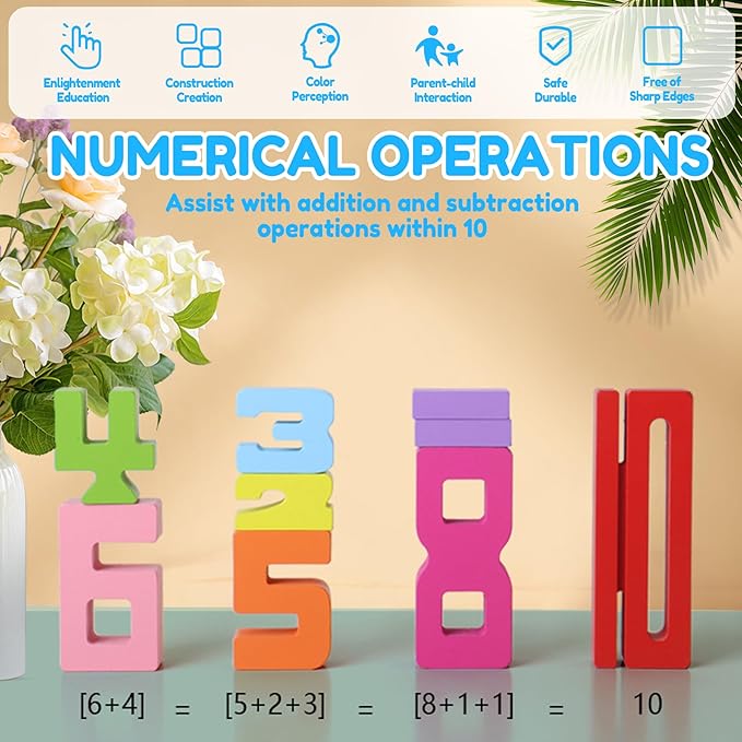 Wooden Number Building Blocks - 20Pcs Stacking for 3+ Years Old Kids, Digital Building Blocks, 1-10 Digital Blocks Toys, Balance Competition Toy, Educational Gift for Boys and Girls
