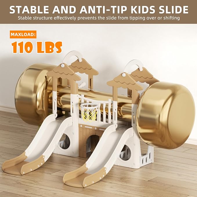 KORIMEFA 10-in-1 Toddler Slide, Kid Double Slide for Toddlers Age 1-3, Basketball Hoop, and Telescope, Indoor Outdoor Slide Toddler Playset Toddler Playground, Forest Themed Brown