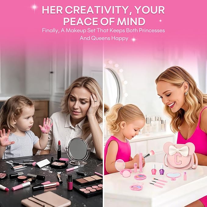 Kids Makeup Kit for Girls - 15 Pcs Real Washable Make Up Set - Non Toxic Toddlers Cosmetic with Letter Mouse Ear Purse - Dress up Birthday Gifts for 3 4 5 6 7 8 Years Old Girls - C