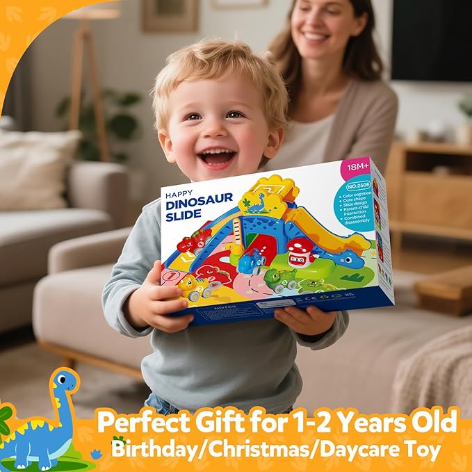 Toddler Toys for 1 Year Old Boy Gifts - Educational Dinosaur Slide Set with 4 Color/Number Push Cars and Playmat, Montessori Learning Toy for Baby 12-18 Months, 1st Birthday Present Ages 1-1.5, Yellow