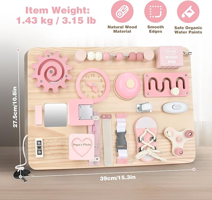 Joyreal Montessori Large Busy Board with Stand, Montessori Sensory Toys for Fine Motor Skills, Wooden Fidget Activity Board for Toddlers, Gifts for Baby Girls (Large Pink)