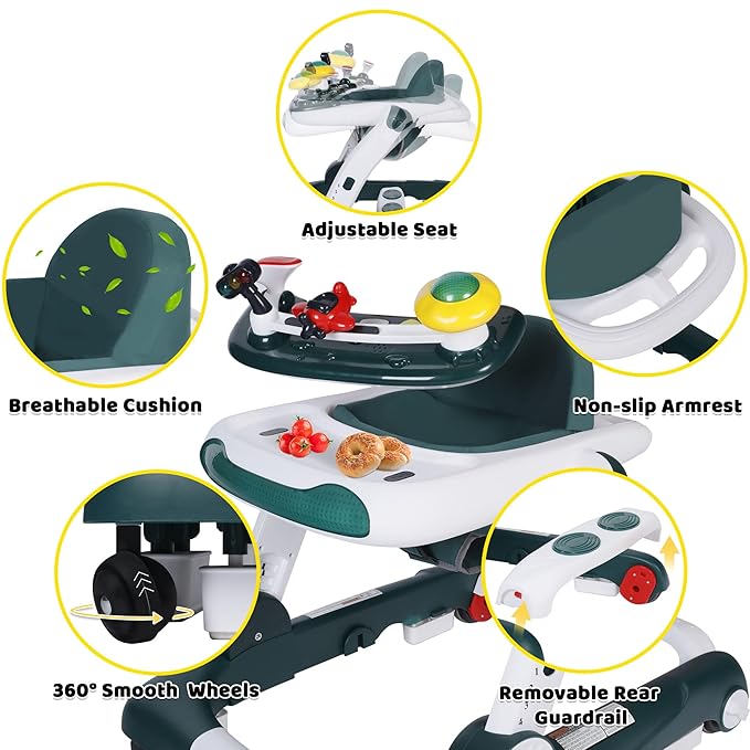 6 in 1 Baby Walker, Baby Activity Center for Toddler, Walker Rocker Bouncer w/Adjustable Height Speed, Learning-Seated & Walk-Behind, Infant Walker w/Feeding Tray & Music Toys, Green