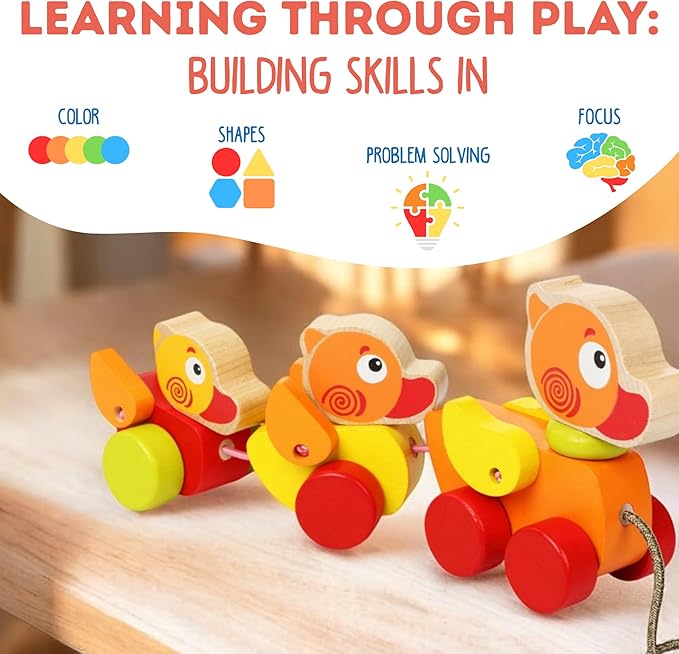 Cubika Wooden Walk Along Ducks – Pull Toys for Toddlers Ages 1-3 – Montessori Inspired, FSC-Certified Wood, German Water-Based Paint – Travel-Friendly Wooden Toy for Boys and Girls