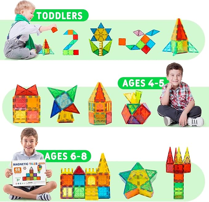 EchoPlan Magnetic Tiles,68PCS Magnetic Building Blocks,Magnet Tiles 3D Clear Building Blocks Set,STEM Sensory Educational Toys Gift for Toddlers Kids Boys 3 4 5 6 7 8 9+ Year Old