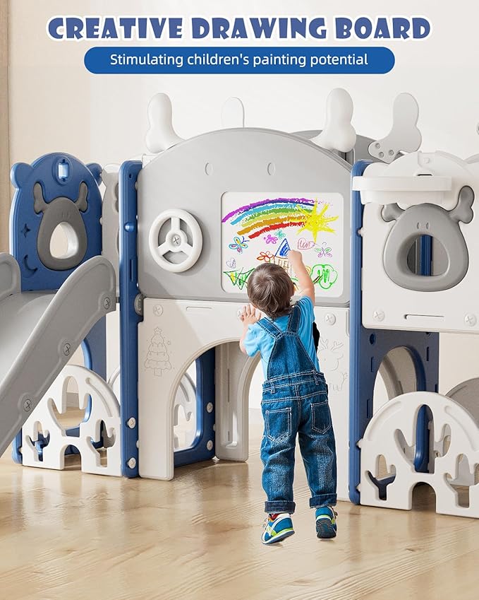 YUFU 13 in 1 Kids Slide for Toddlers, Toddler Slide Playset with Golf, Drawing Board, Climber, Basketball Hoop and Storage Space, Indoor Outdoor Toddler Playground for Kids Age 1-3 (Blue)