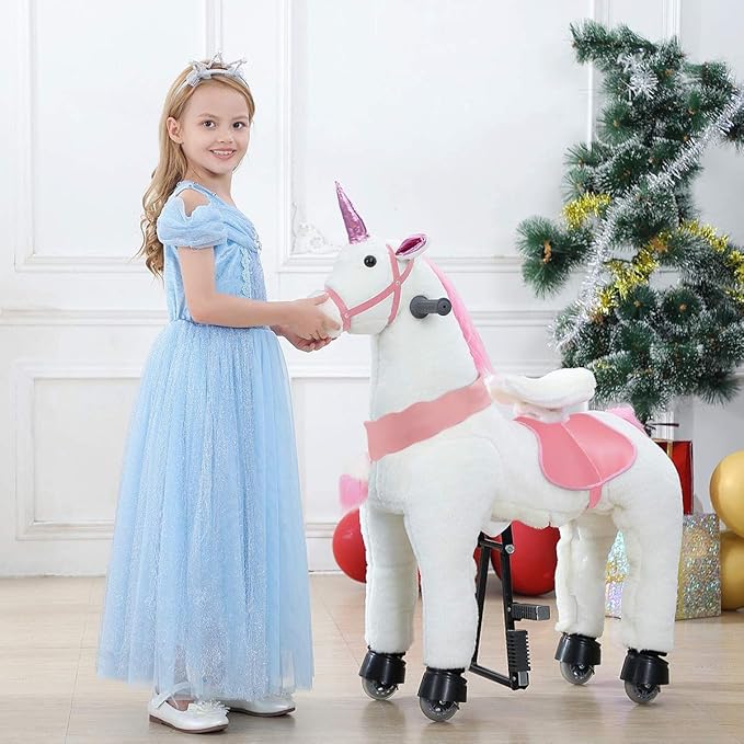 JoJoPooNy Ride on Unicorn Toys for Girls, Ride on Horse Riding Pony for Children 6-14 Years Old, Rideable Plush Walking Horse Animal with Wheels