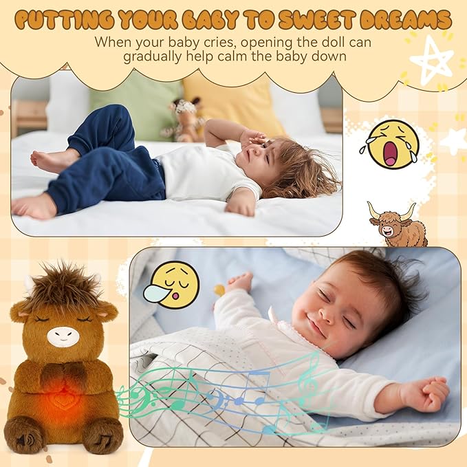 Breathing Stuffed Animal, Highland Cow Plush Soothing Baby Toy, Soothing Sound Machine Plushies with Calming Music, Lights, Sleeping Breathing Motion Doll for Kids Boys Girls