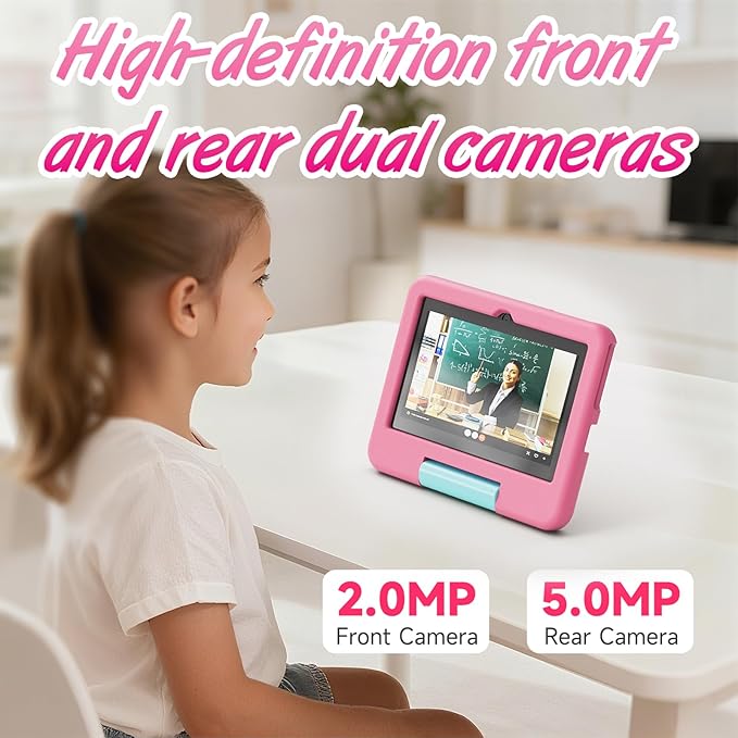 Kids Tablet, 7 inch Android Tablet for Kids, 4GB RAM 32GB ROM 1TB Expand, Toddler Tablets with Parental Control, IPS Screen, Dual Camera, Educational, Games, Shockproof Case for Boys/Girls (Pink)