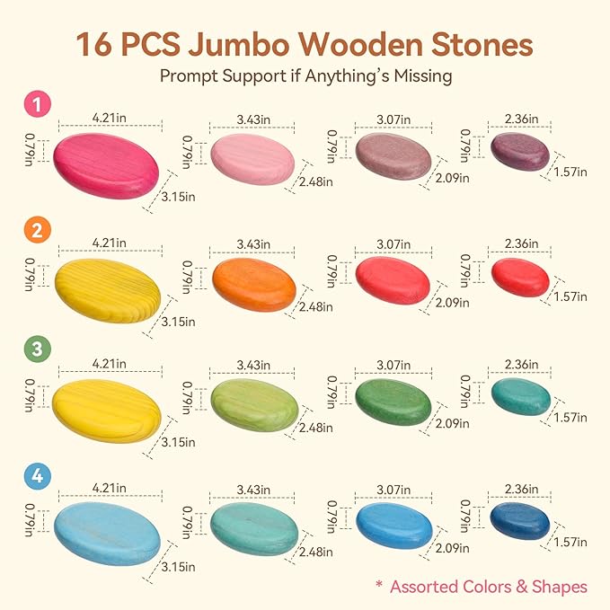 OESSUF Extra-Large Stacking Rocks for Toddlers 1-3, 16 PCS Wooden Montessori Toys, Safe Smooth Jumbo Balancing Stones for Open-Ended Sensory Play, STEM Building Blocks for Boys & Girls