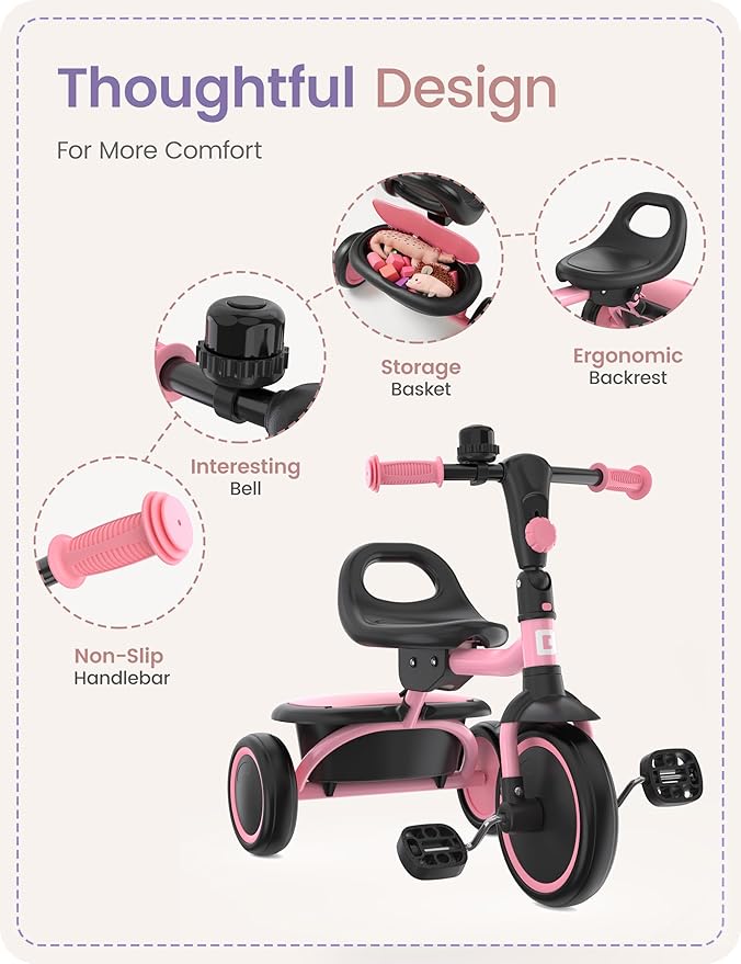 besrey Toddler Tricycle with Bell, Kids Tricycle Age 18 Months to 5 Years, Kids Trike, Toddler Bike for 2-4 Year Olds, Baby Bike, Gifts & Toys for Boys & Girls, Pink