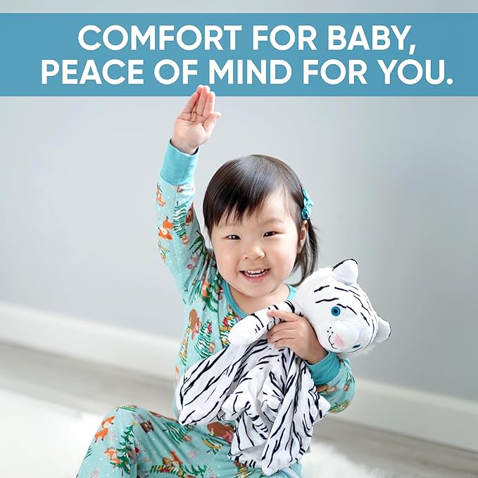 Love By Emi Baby Sleep Soother White Tiger Plush with Heartbeat & Lullaby Sounds, 4-in-1 Sound Machine, Security Blanket & Pacifier Holder, Baby Registry Essential for Newborns, Infants & Toddler