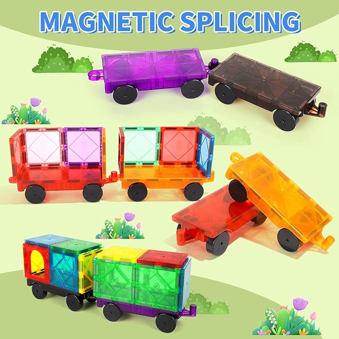 Magnetic Tiles Cars Construction Set - 4 PCS Magnetic Tiles Magnet Bricks Truck Sensory Toys, Educational Magnet Cars Set Building Blocks for 3 4 5 6 7 8+ Year Old Girls Boys