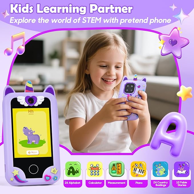 Kids Smart Phone for Girls, Kids Camera Toy Phone for Ages 3 4 5 6 8 Year Old, Christmas Birthday Gifts Toddler Cell Phone with Touchscreen, 44 Games, Music Player, 32GB Card & Bag Purple