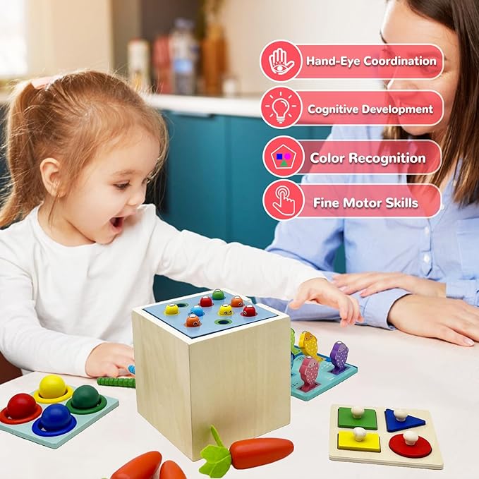 Wooden Montessori Toys for Toddlers 1-3, Color & Shape Sorting Matching Games, Fine Motor Skills Sensory Preschool Learning Educational Toys Baby Boys Girls Gifts (5 in 1)
