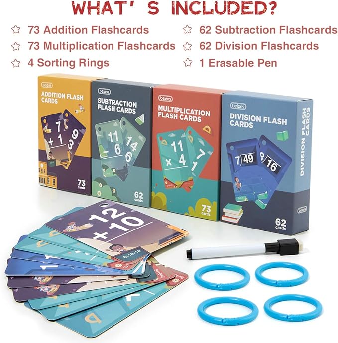 beiens Multi Math Flash Cards, 270 Addition, Subtraction, Multiplication, Division Cards, All Facts 0-12 with 1 Erase Pen 4 Rings, Math Games Set for Kids Age 6+ 3rd 4th 5th 6th Grade