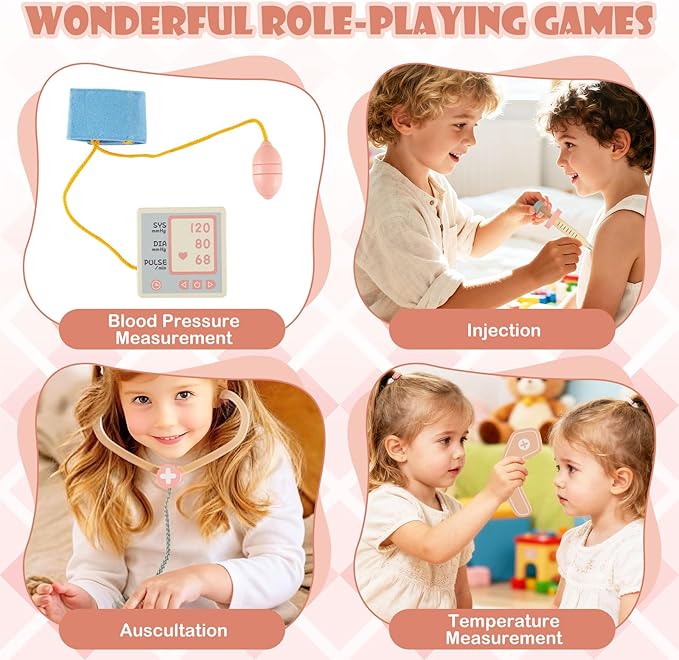 Costzon Kids Doctor Play Set, Wooden Pretend Doctor Kit w/ Eye Chart, Toy CT Machine, Realistic Medical Station & 20 Hospital Accessories, Toy Medical Center Playset for Boys Girls Aged 3+ (Pink)