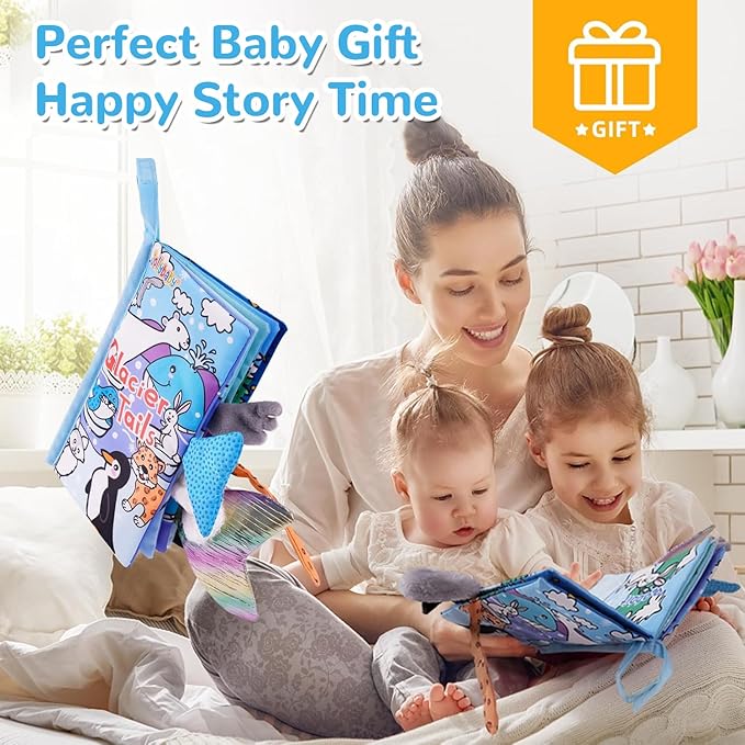 HECCEI Baby Cloth Books Soft Baby Book 0-6 Months Crinkle Books with Tail Touch and Feel Sensory Toys for Infant Tummy Time for 3 Months+, Glacier Tails