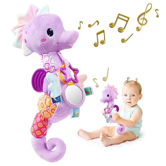 Sumobaby Infant Baby Musical Stuffed Animal Activity Soft Toys with Multi-Sensory Crinkle, Rattle and Textures, for Tummy Time Newborn 0-3-6-12 Months Girls,Seahorses - Purple with Baby Mirror