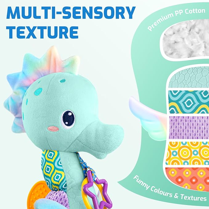 Sumobaby Infant Baby Musical Stuffed Animal Activity Soft Toys with Multi-Sensory Crinkle, Rattle and Textures, for Tummy Time Newborn 0-3-6-12 Months Boys, Girls, Seahorses, Blue
