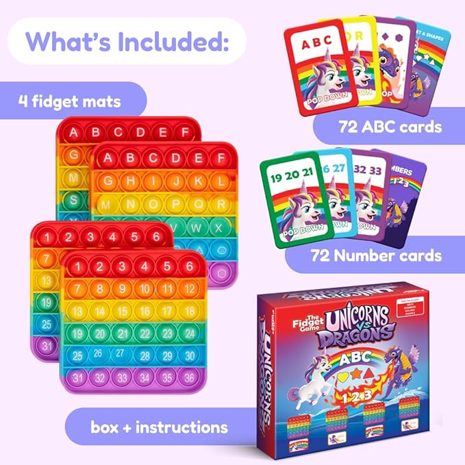 THE FIDGET GAME Unicorns vs Dragons, Fun Educational ABC Toys to Learn Alphabet, Numbers, Shapes & Colors, Interactive Learning Tools for Pre-K & Kindergarten