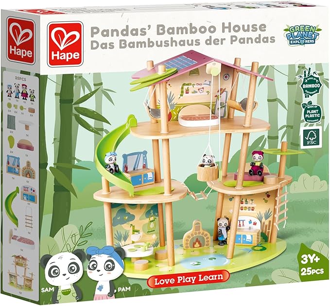 Hape Pandas’ Bamboo House, Green Planet Explorers | Educational Toy Doll House with Furniture, for Children Ages 3+ Years