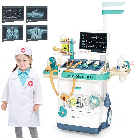 Doctor Kit for Kids 28 Accessories Pretend Medical Station Set Mobile Cart with Lights,Thermometer, Stethoscope and Doctor Costume Role Play Role Play Educational Toys for Boys & Girl Toddlers