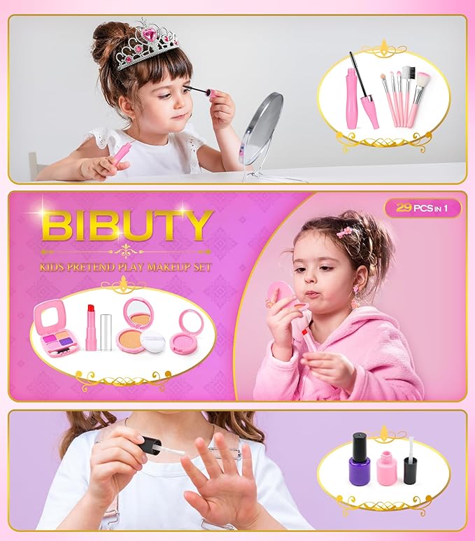 Kids Makeup Kit for Girl, Princess Toys Pretend Play Makeup Girls Toys, Kids Makeup Sets for Girls Beauty Salon Set Hair Accessories with Mirror, Hairdryer, Princess Cape Crown Handbag,Birthday Gifts