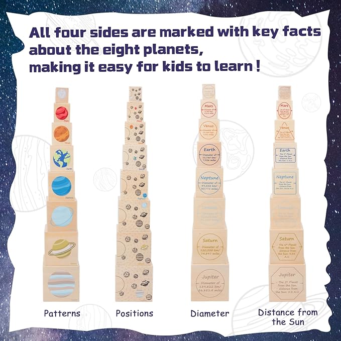 Adena Montessori Preschool Educational Science Toy Set, Stacking Toys for Kids 3+, Wooden Eight Planet Nesting Blocks for Learning Solar System, 8 Pieces