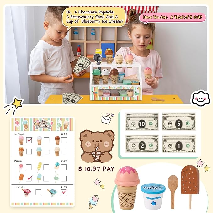 Wooden Ice Cream Toys for Kids Pretend Play Kitchen Food Toys with Scoop & Menu & Fake Money, Ice Cream Counter Shop Playset for 3 4 5 6 Year Old Girls Boys Birthday Gifts